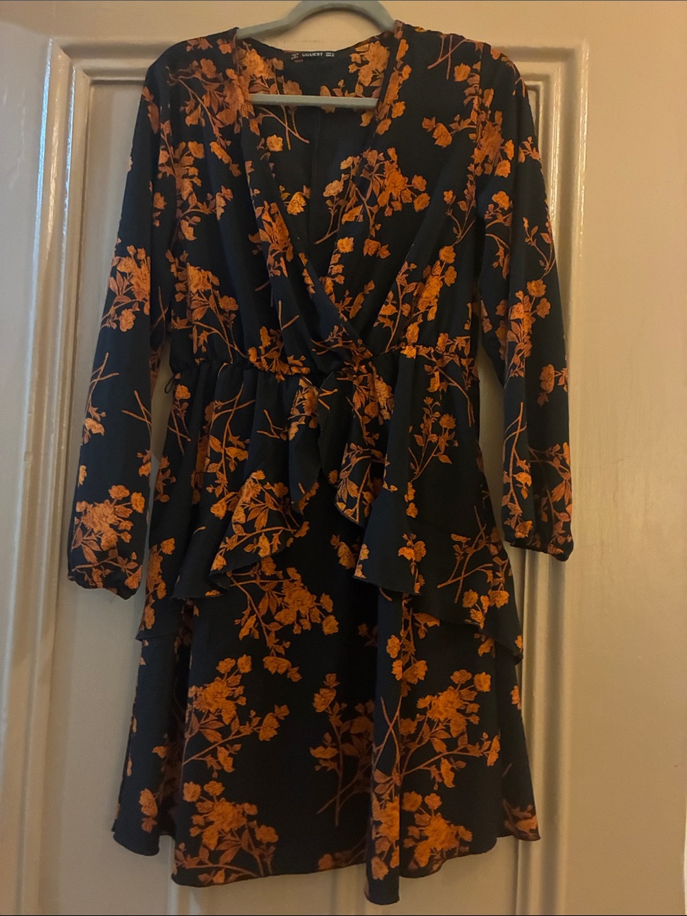 Floral Wrap Long-Sleeve Dress in Black with Orange Print